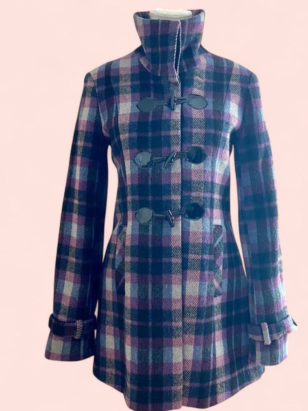 Plaid Toggle Wool-Blend Coat - Purple/Black